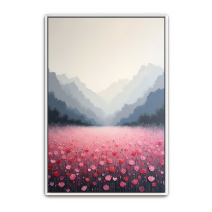 Pink Flower Field In Misty Mountains By Yara Rabibzad