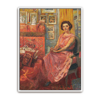 Woman In Pink Dress Sitting In Interior With Pictures By Édouard Vuillard