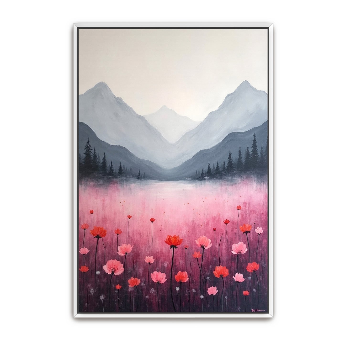 Mountain Landscape With Pink Flowers By Yara Rabibzad