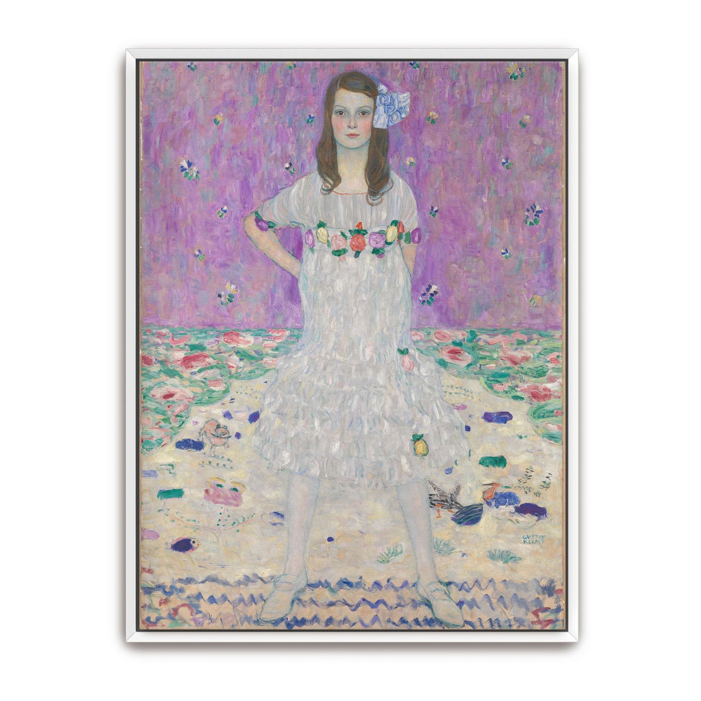 Young girl in white dress, floral background by Gustav Klimt
