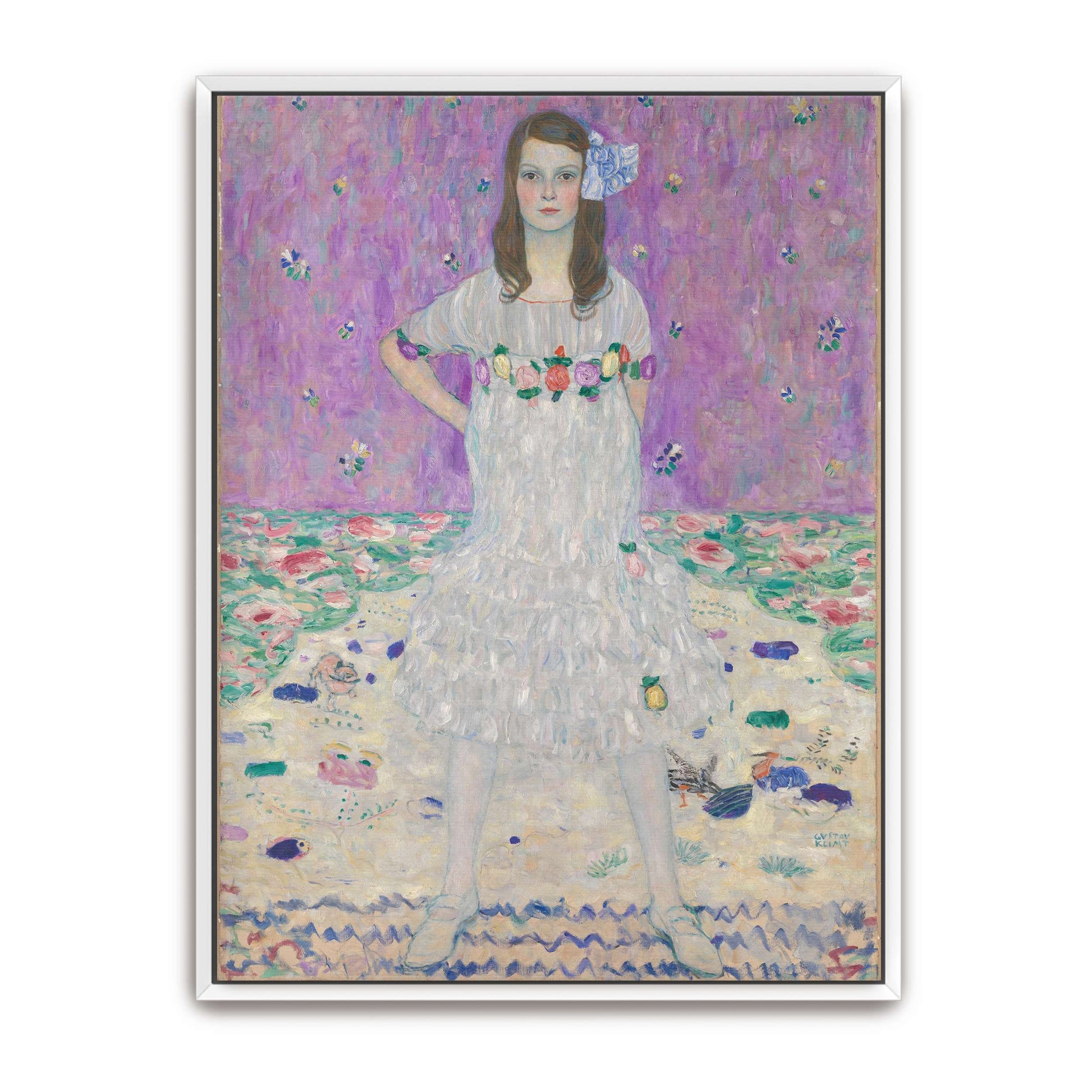 Young girl in white dress, floral background by Gustav Klimt