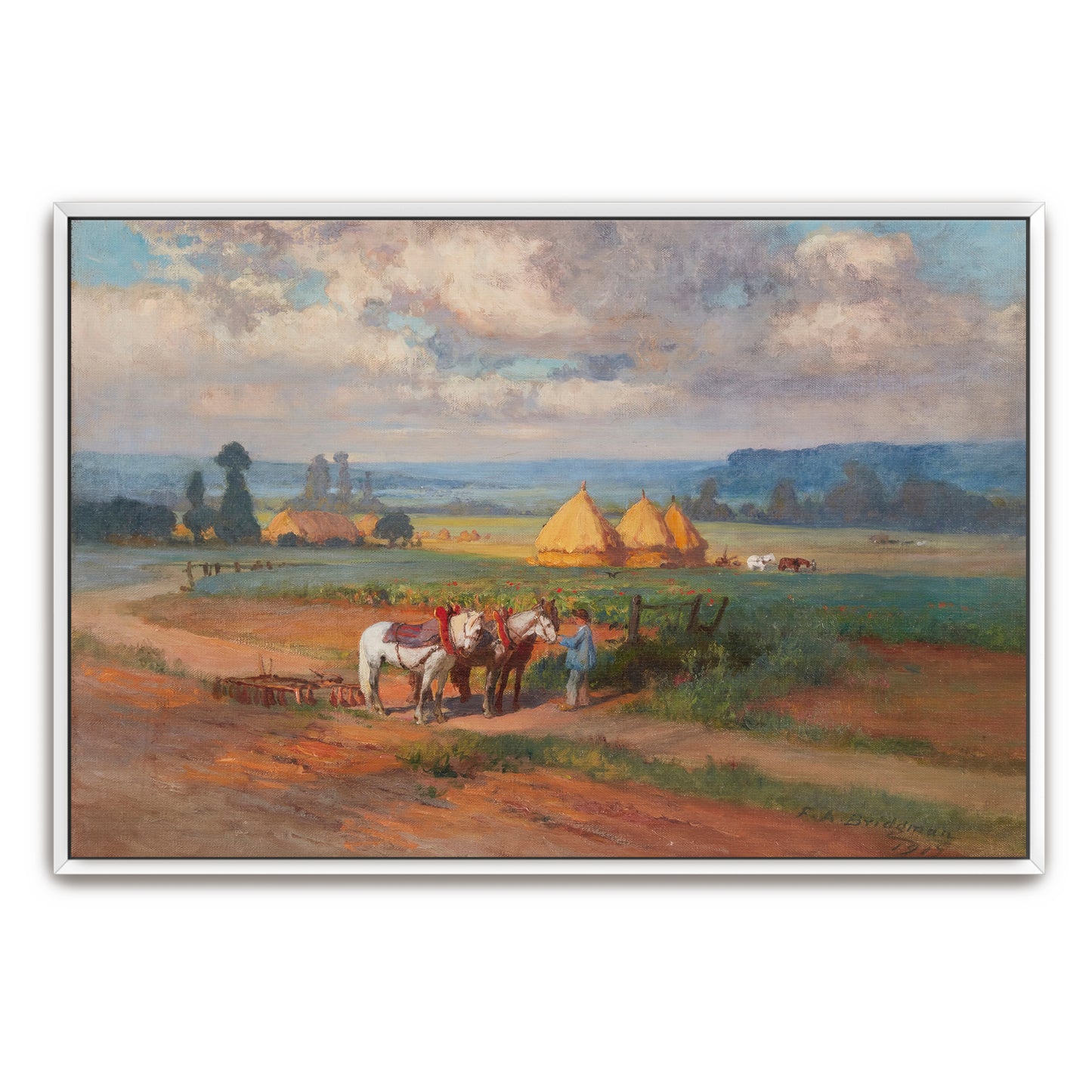 Farm Scene With Haystacks And Horses By Frederick Arthur Bridgman