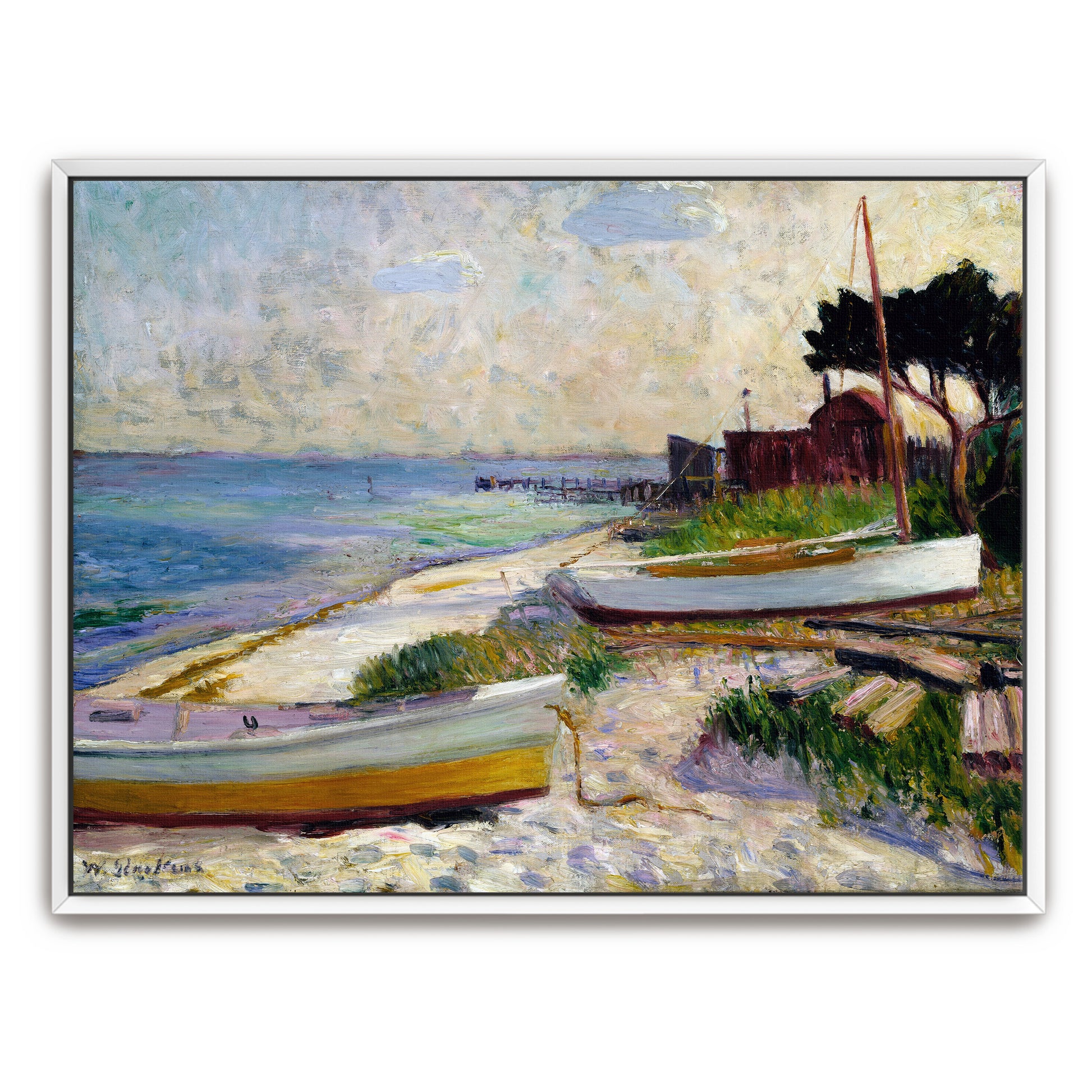 Boats On Sandy Shore With Blue Water And Lush Greenery By William James Glackens