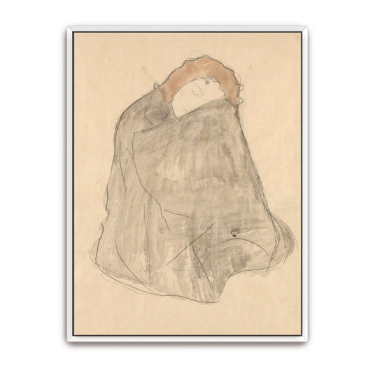 Crouching Woman Wrapped in a Dark Cloak by Gustav Klimt, white framed canvas print