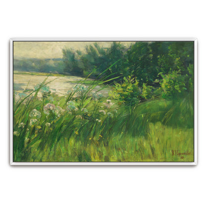 Lush Green Landscape With White Flowers Near A River By Karl Hagemeister