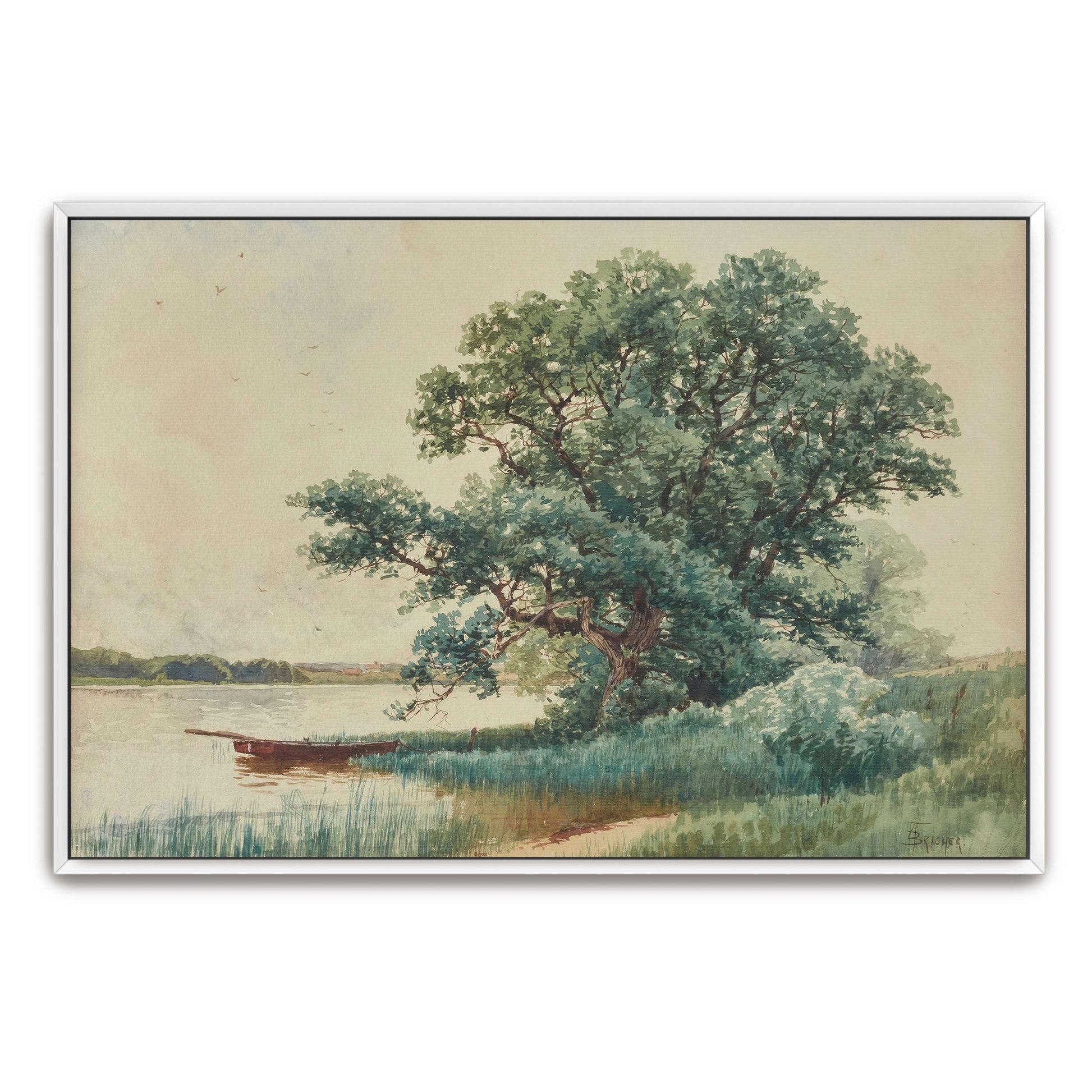 A boat on a river bank under a tree by Alfred Thompson Bricher
