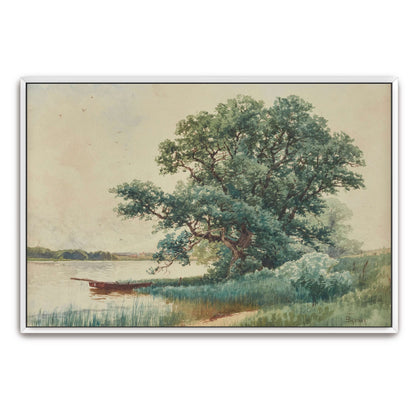 A boat on a river bank under a tree by Alfred Thompson Bricher