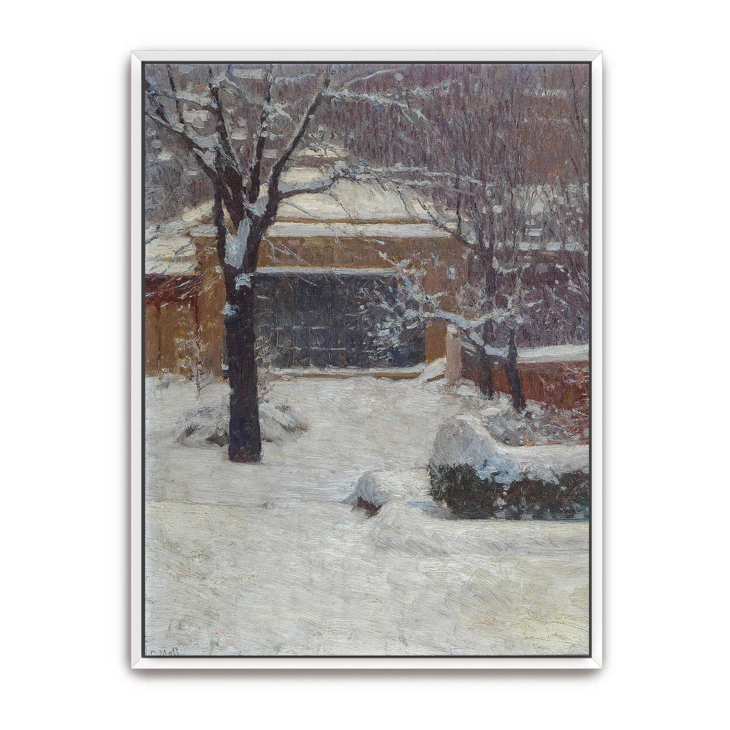 Snowy garden scene with building by Carl Moll