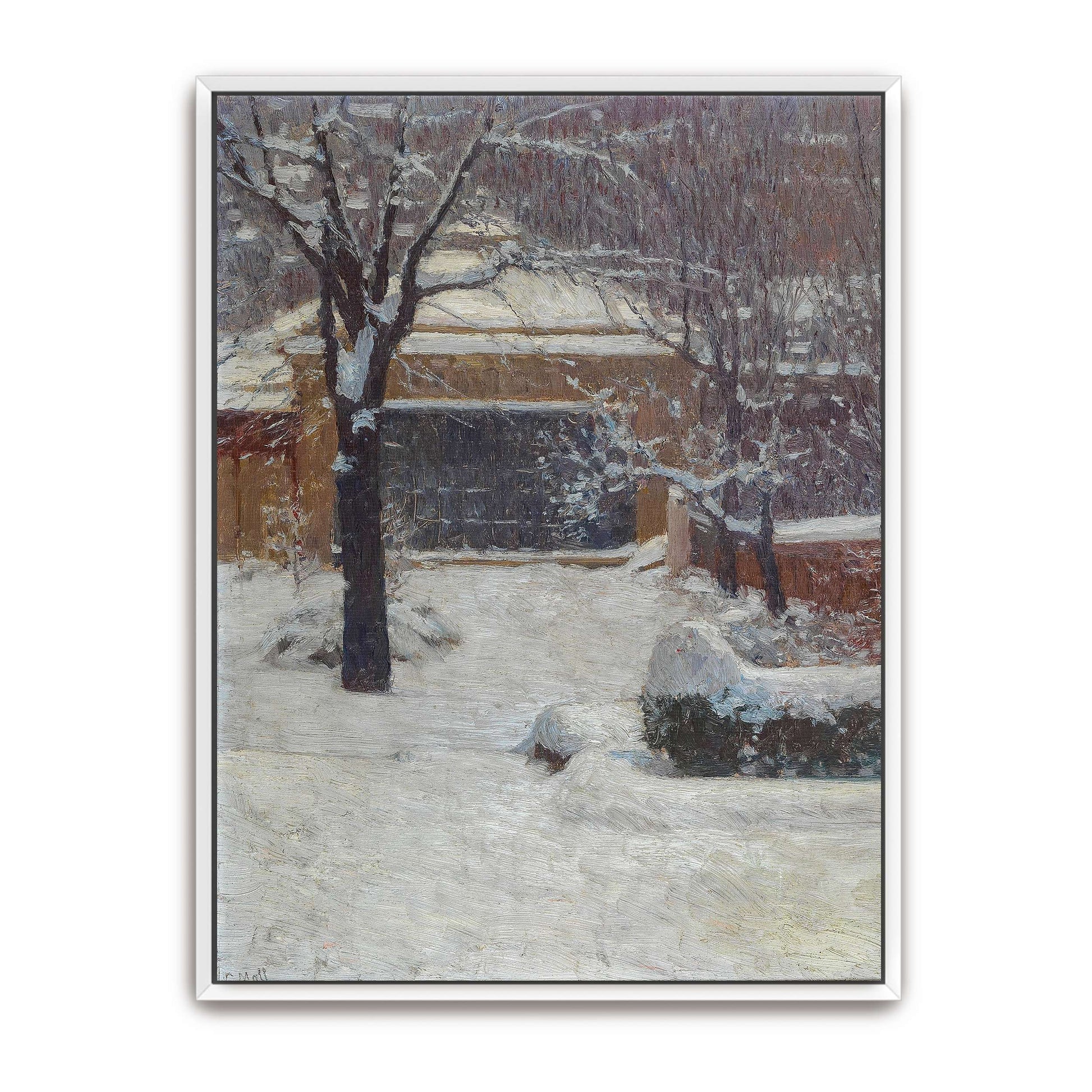 Snowy garden scene with building by Carl Moll