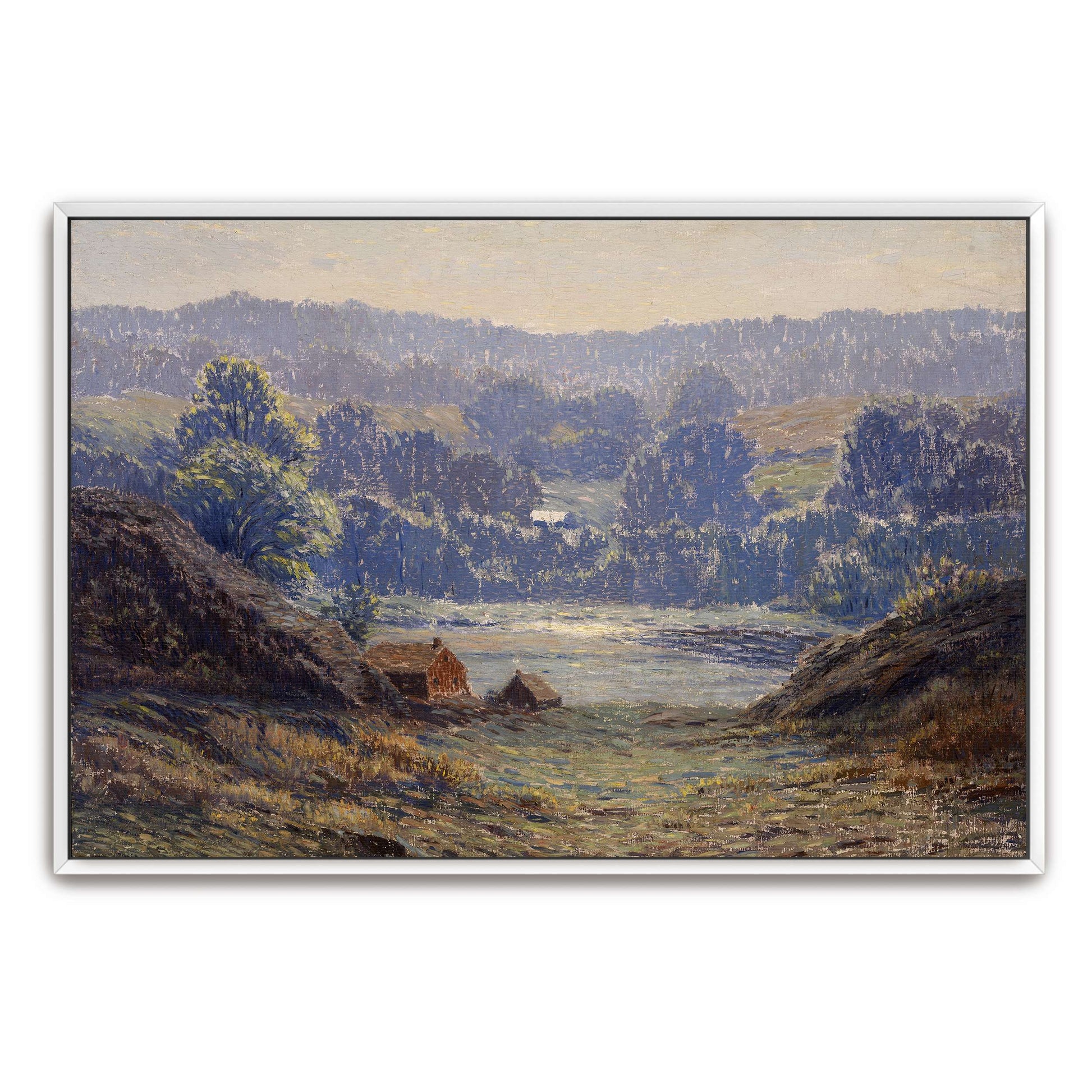 A landscape with a house in a valley by Leonard Ochtman
