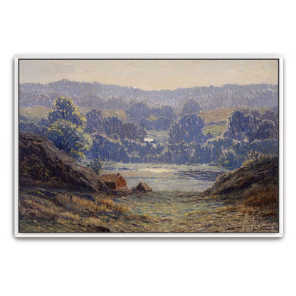 A landscape with a house in a valley by Leonard Ochtman