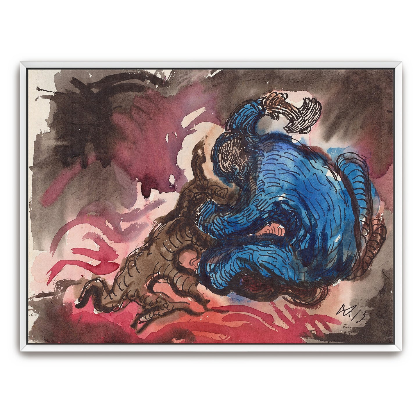 Blue Figure Wrestling With A Dark Creature In A Red And Brown Landscape By Wilhelm Morgner