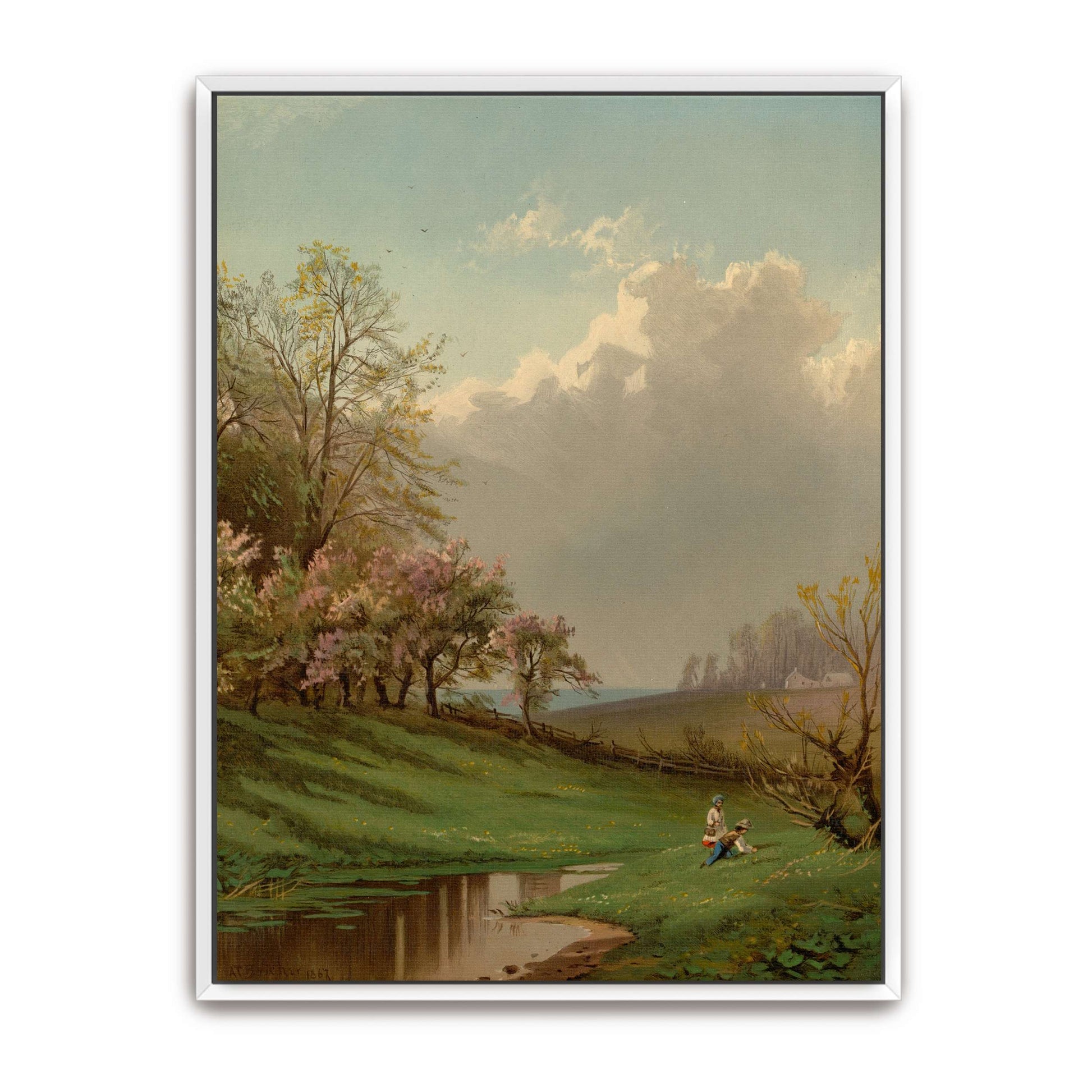 Two children by a stream in a spring landscape by Alfred Thompson Bricher