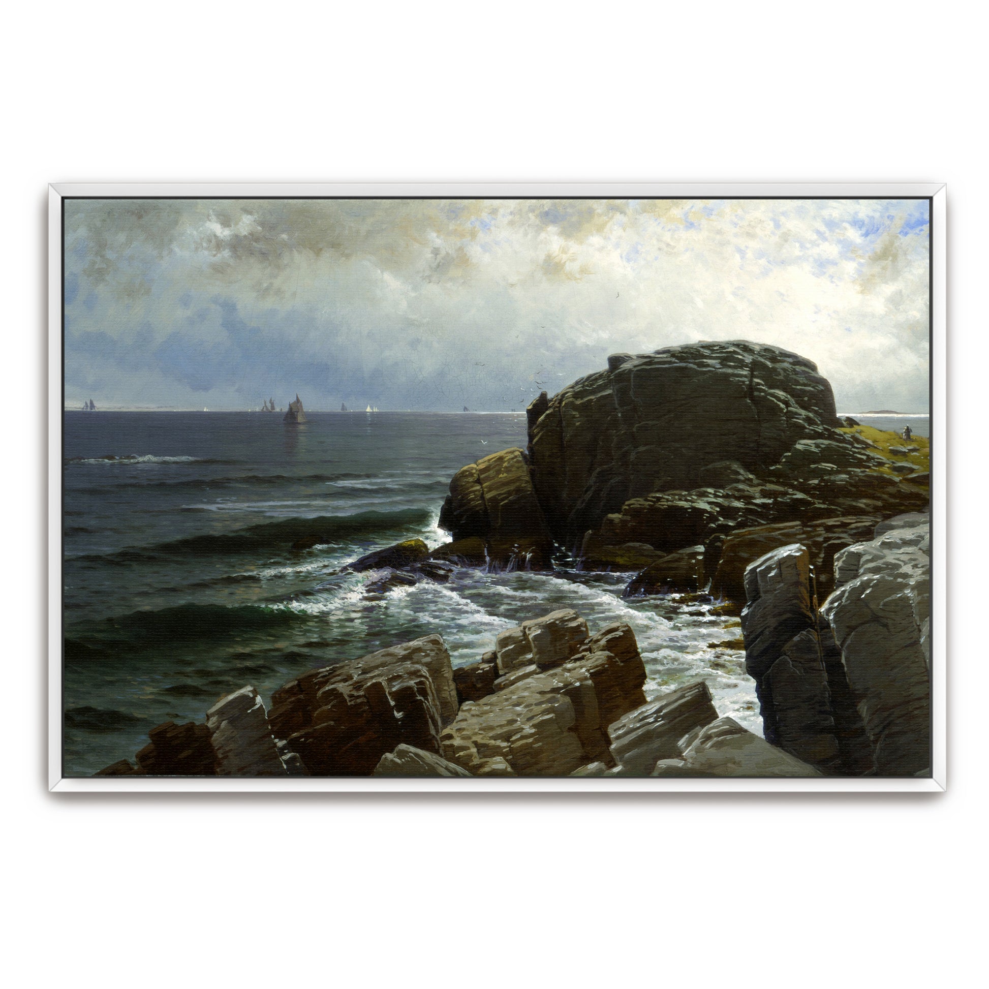 Coastal Rocks And Distant Sailboats Under Cloudy Sky By Alfred Thompson Bricher