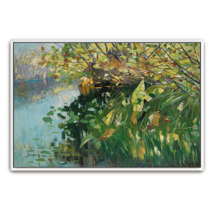 Lush Green Foliage, Water Reflections, Misty Morning, Sunlit Leaves, Vibrant Colors, Impressionistic Brushstrokes By Karl Hagemeister