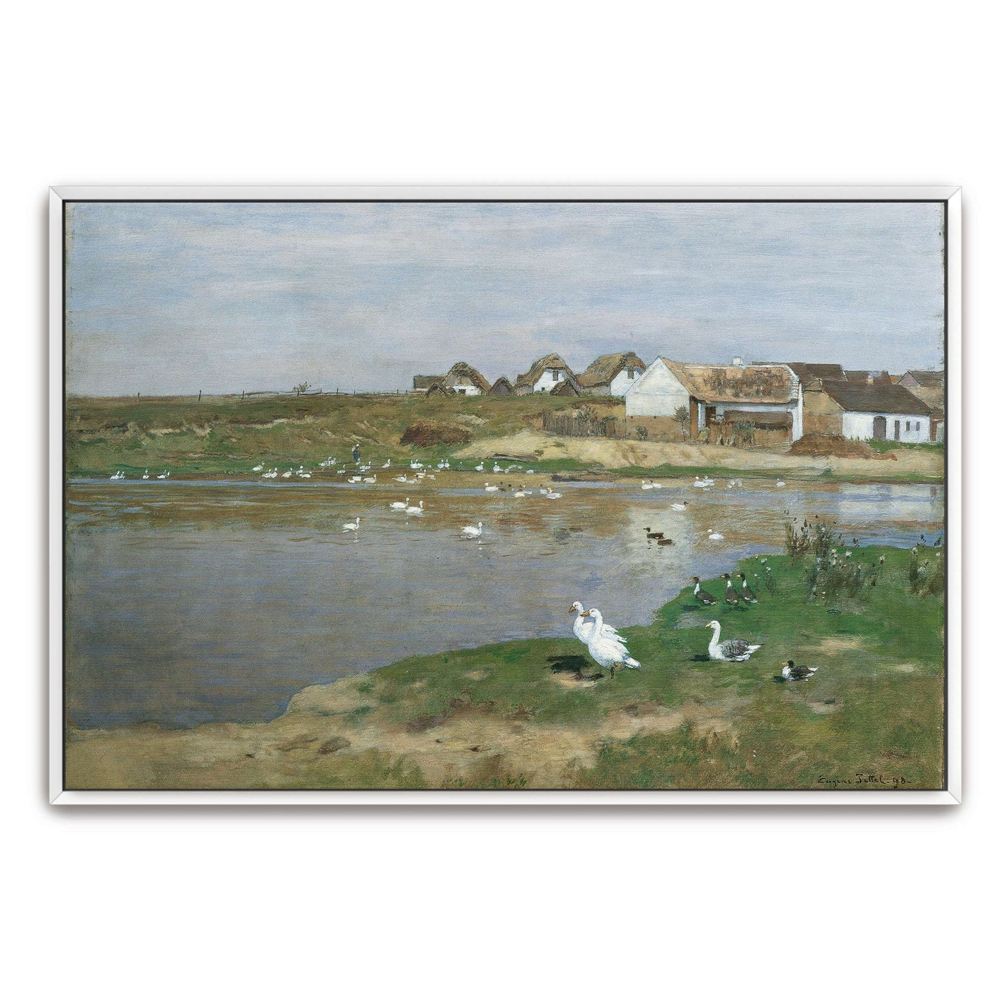 Village with geese on a lake by Eugen Jettel