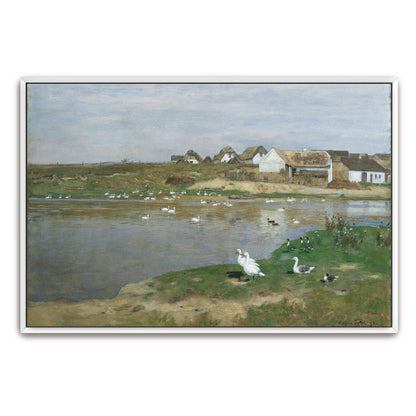 Village with geese on a lake by Eugen Jettel