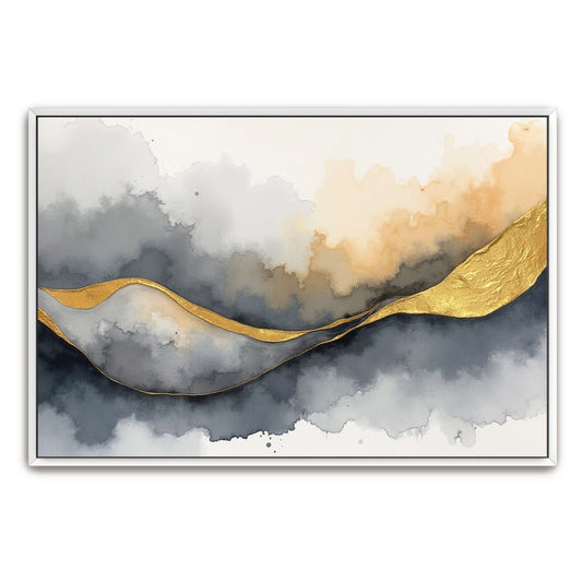 Gold-Outlined Abstract Watercolor in Grey and Beige by Yara Rabibzad, white framed canvas print