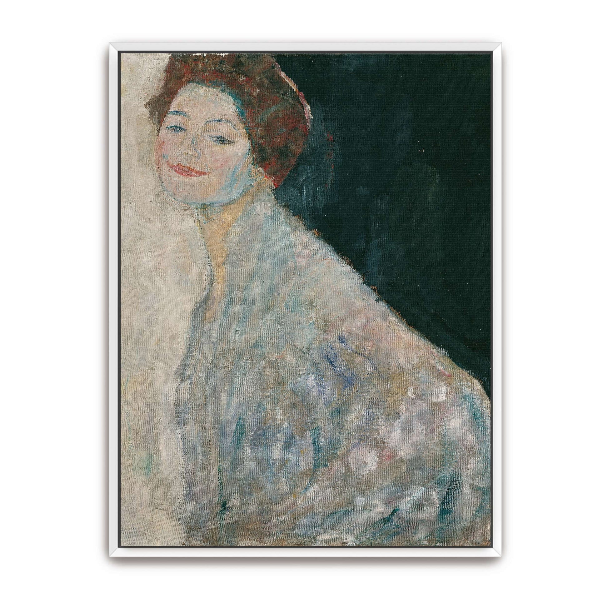 A woman in a white dress with a dark background by Gustav Klimt