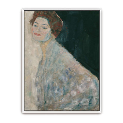 A woman in a white dress with a dark background by Gustav Klimt