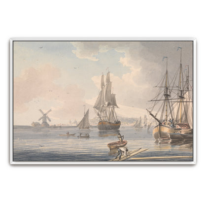 Ships At Anchor In A Harbor With A Windmill By John Cleveley The Younger