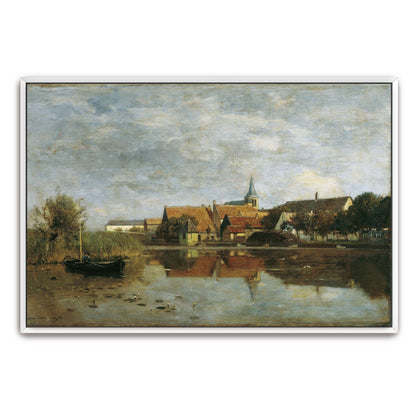 A village by a lake with a boat by Eugen Jettel