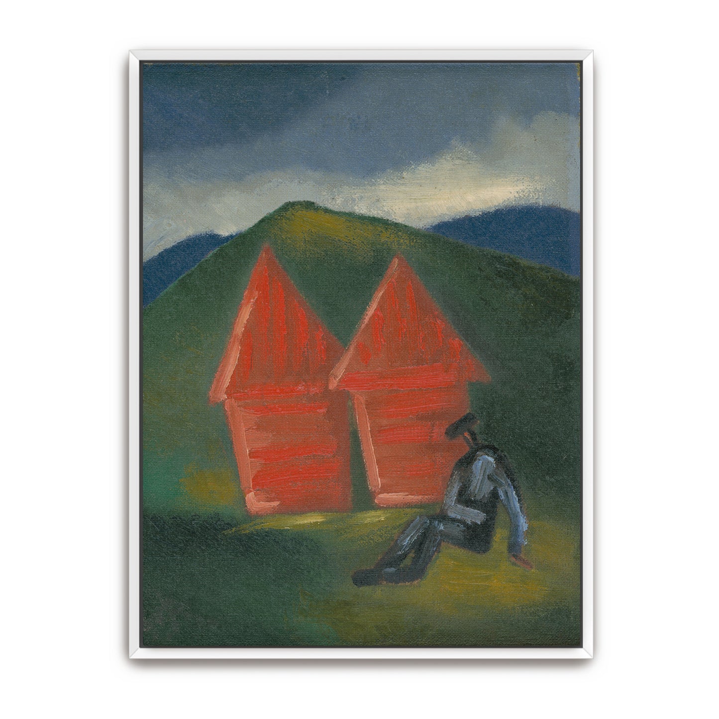 Two Red Barns And A Figure In A Green Landscape By Mikuláš Galanda