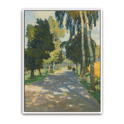 Sunlit road, trees, figures by Carl Moll