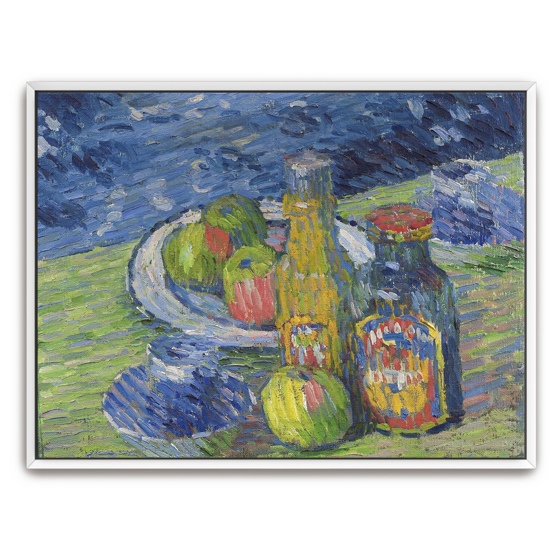 Still Life With Bottles And Fruit In A Blue Landscape By Alexej Von Jawlensky