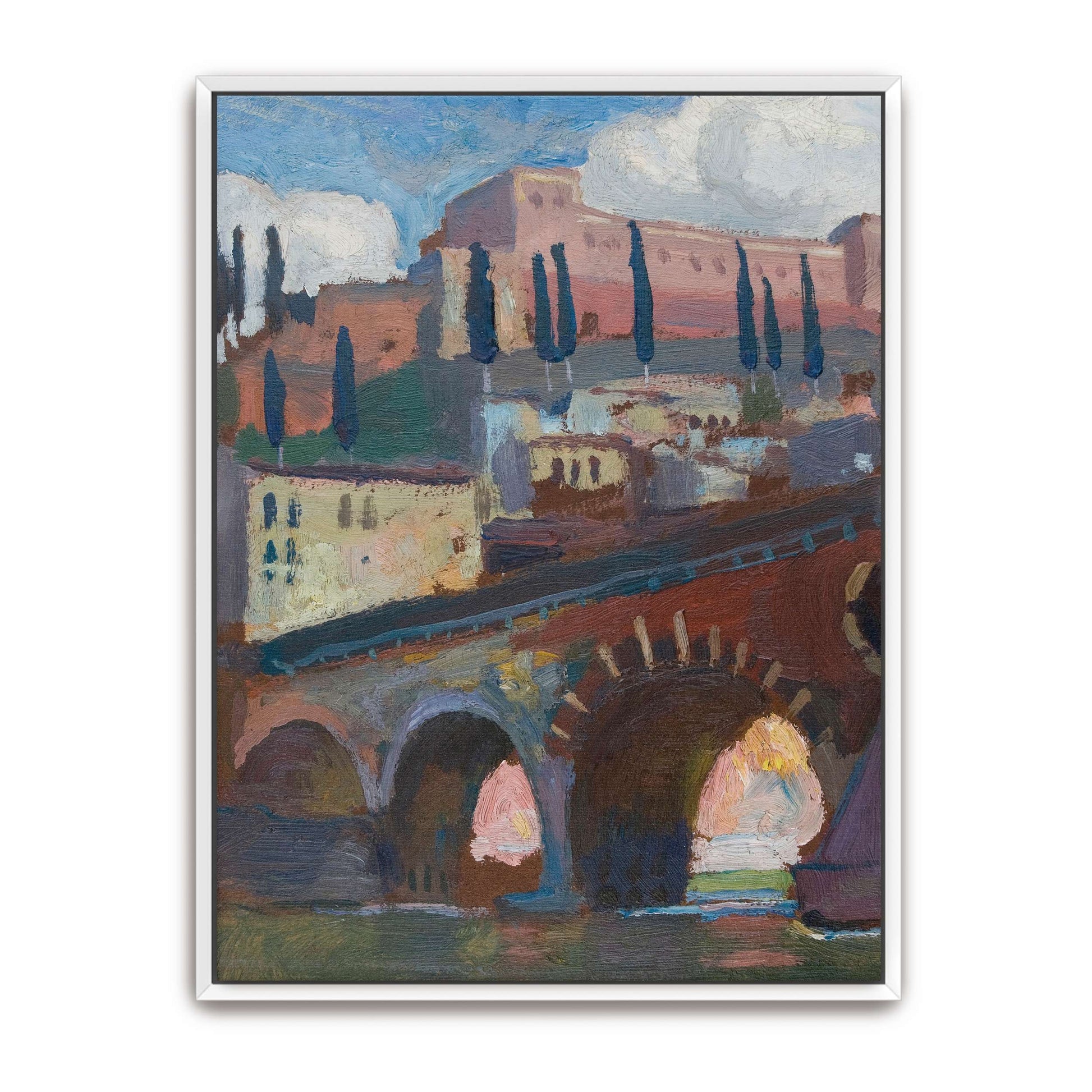 Cityscape with bridge and cypress trees by Jan Stanislawski