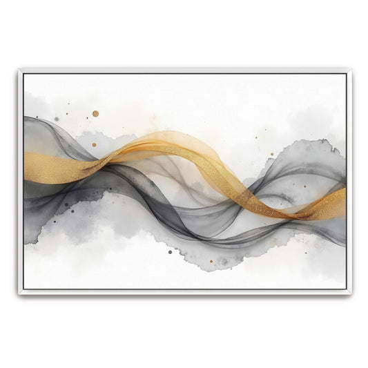 Black Watercolor Waves with Gold Lines by Yara Rabibzad, white framed canvas print
