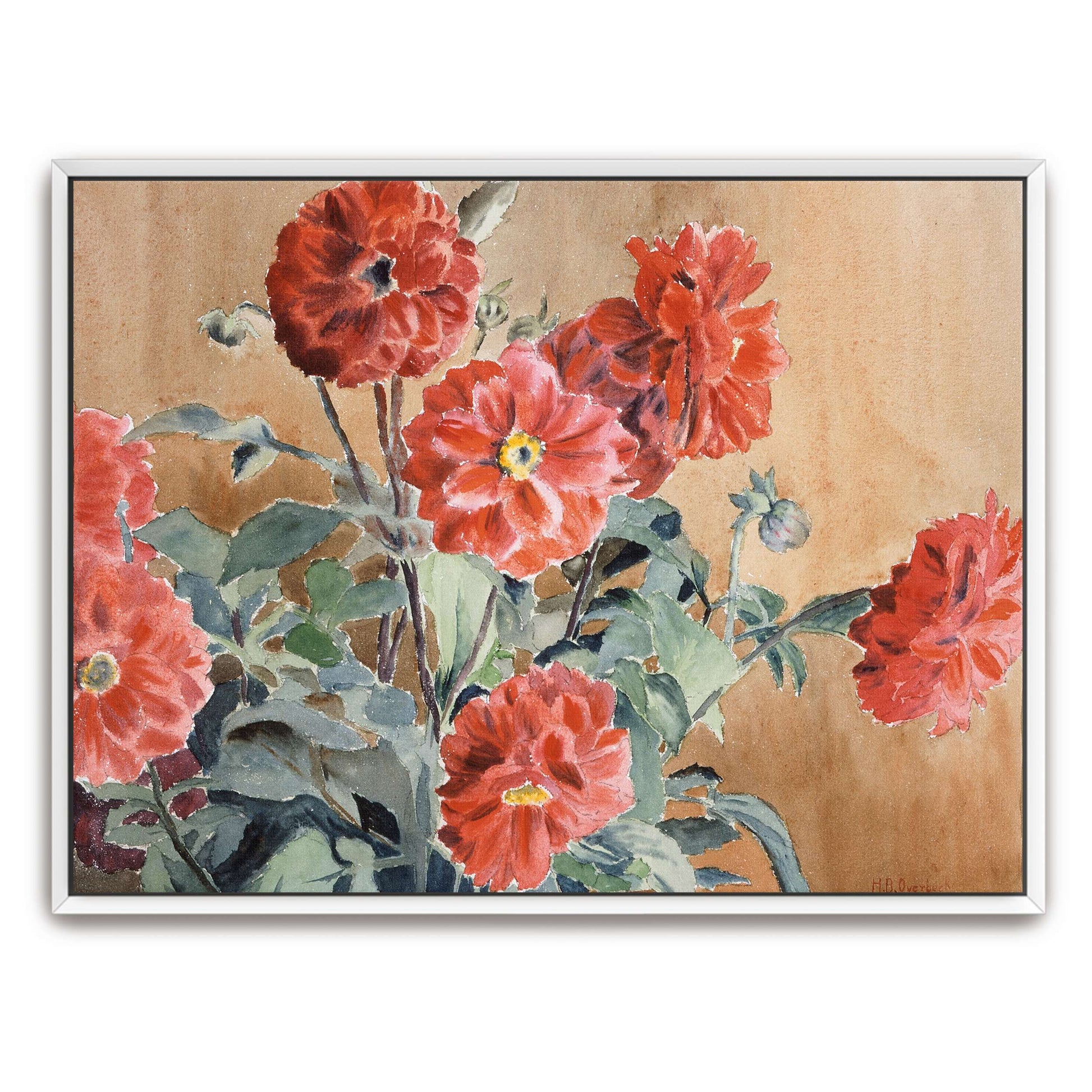 Red dahlias in a vase by Hannah Borger Overbeck