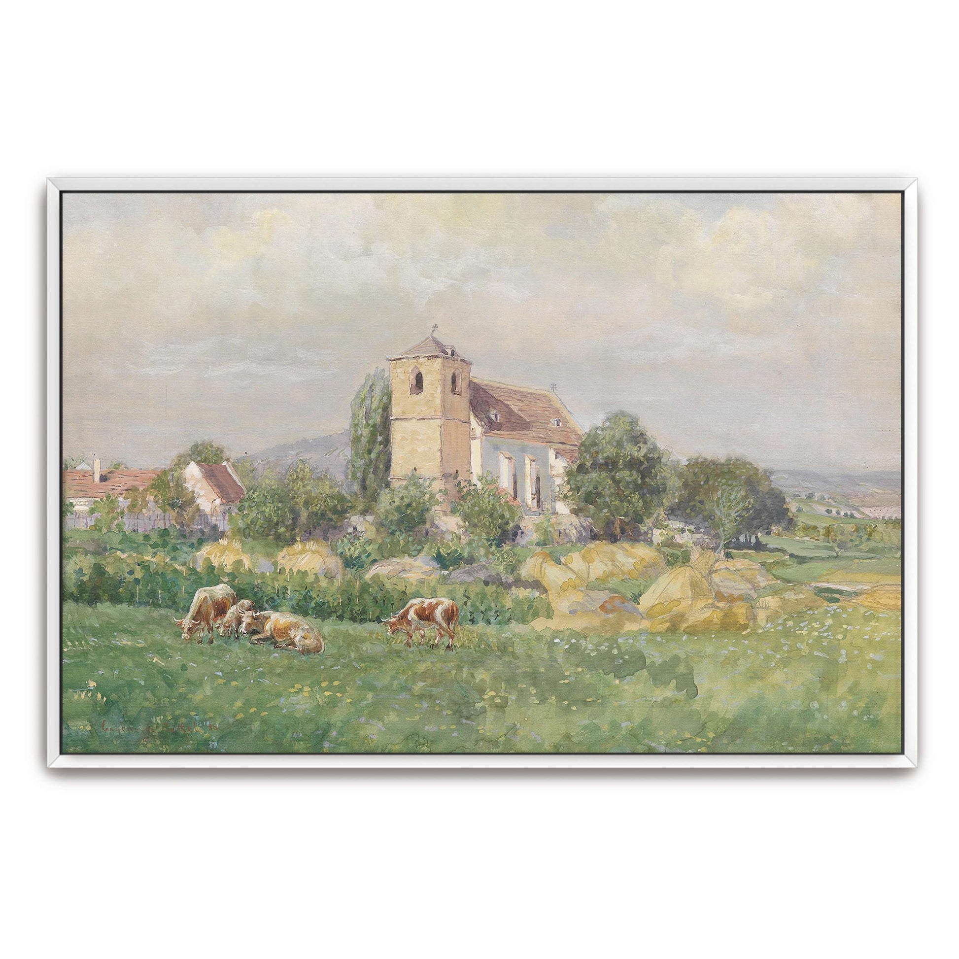 Church and cows in a field by Eugen Jettel