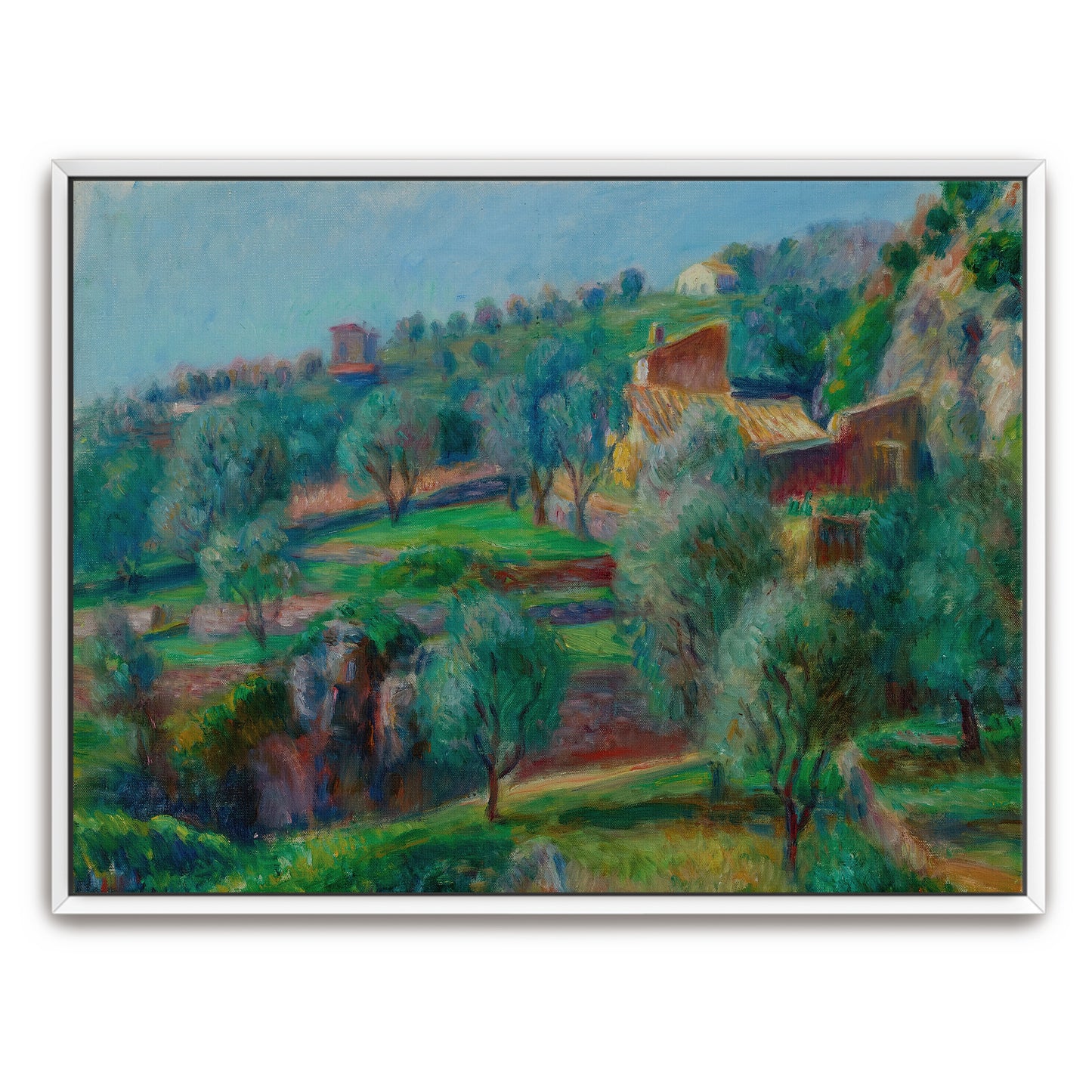 Hillside Village With Lush Green Trees And Terraces By William James Glackens