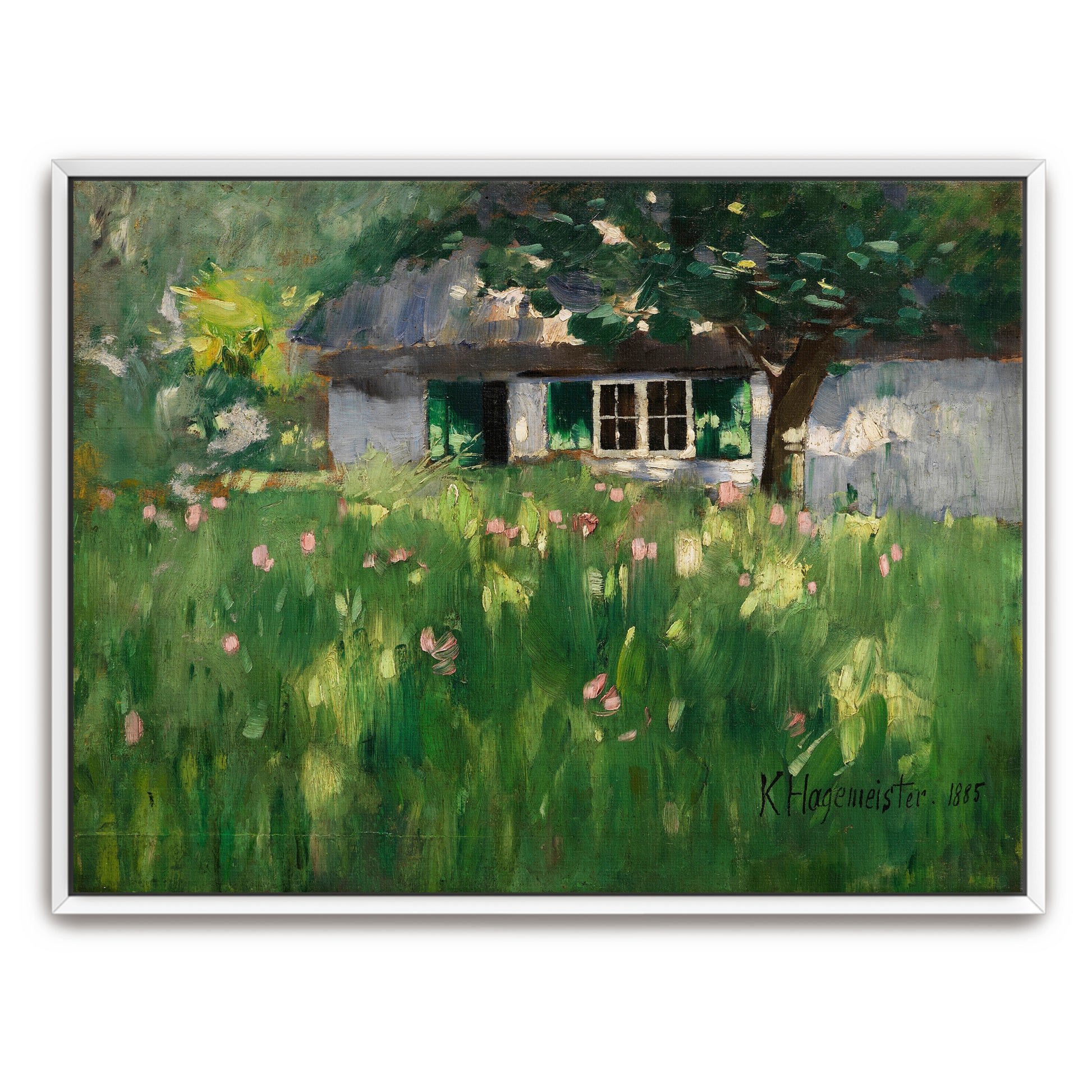 Countryside Cottage With Green Grass And Pink Flowers By Karl Hagemeister