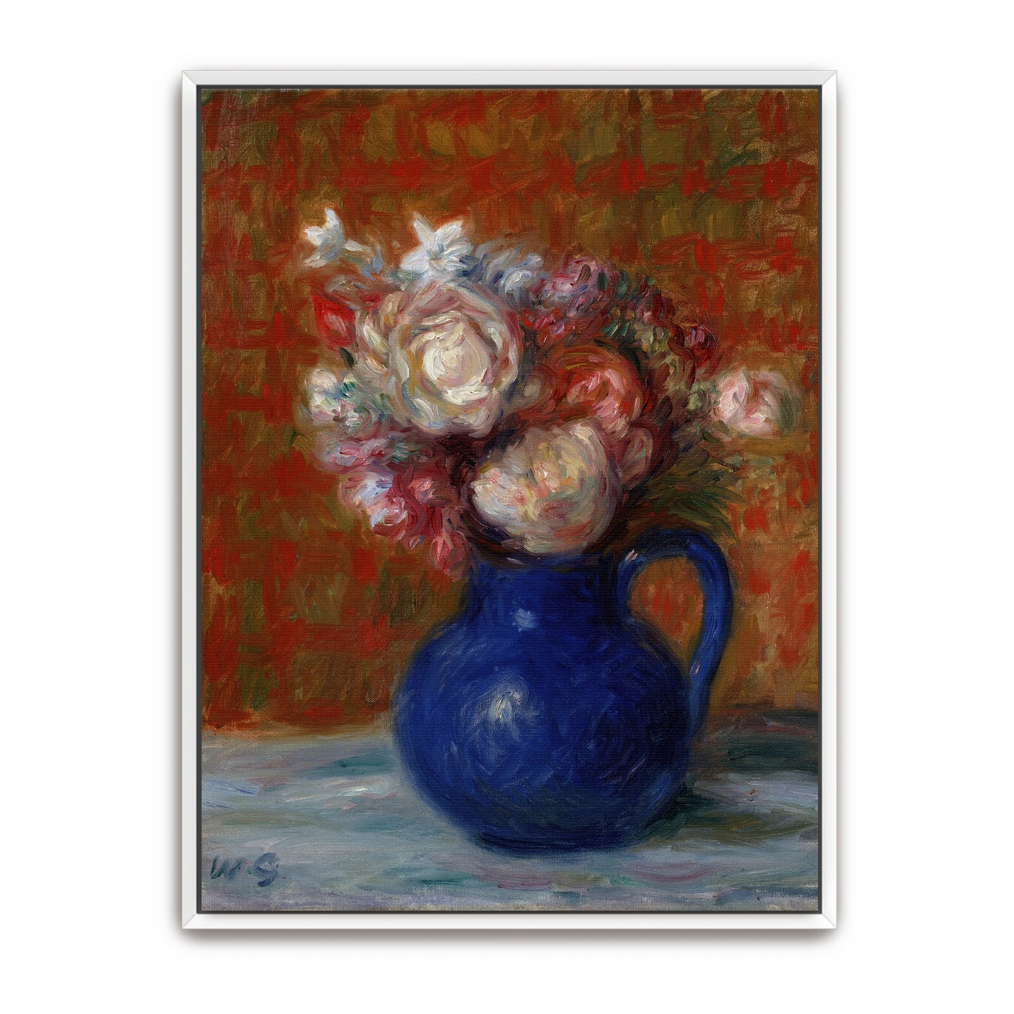 A Blue Jug Filled With White And Pink Flowers By William James Glackens