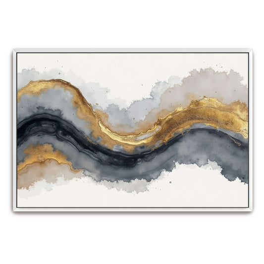 Abstract Grey Watercolor with Golden Accents by Yara Rabibzad, white framed canvas print