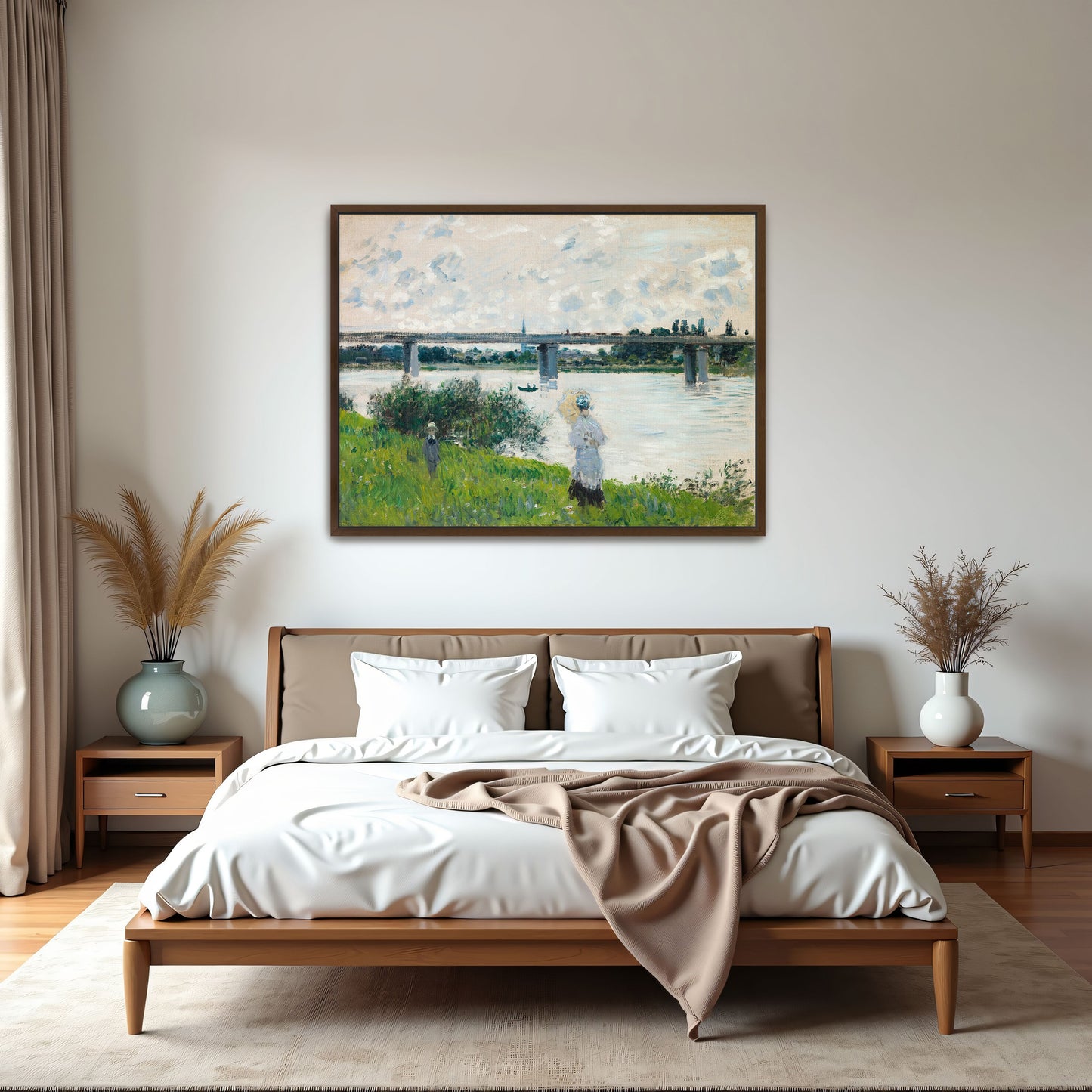 Impressionist River Scene With Bridge And Figures By Claude Monet