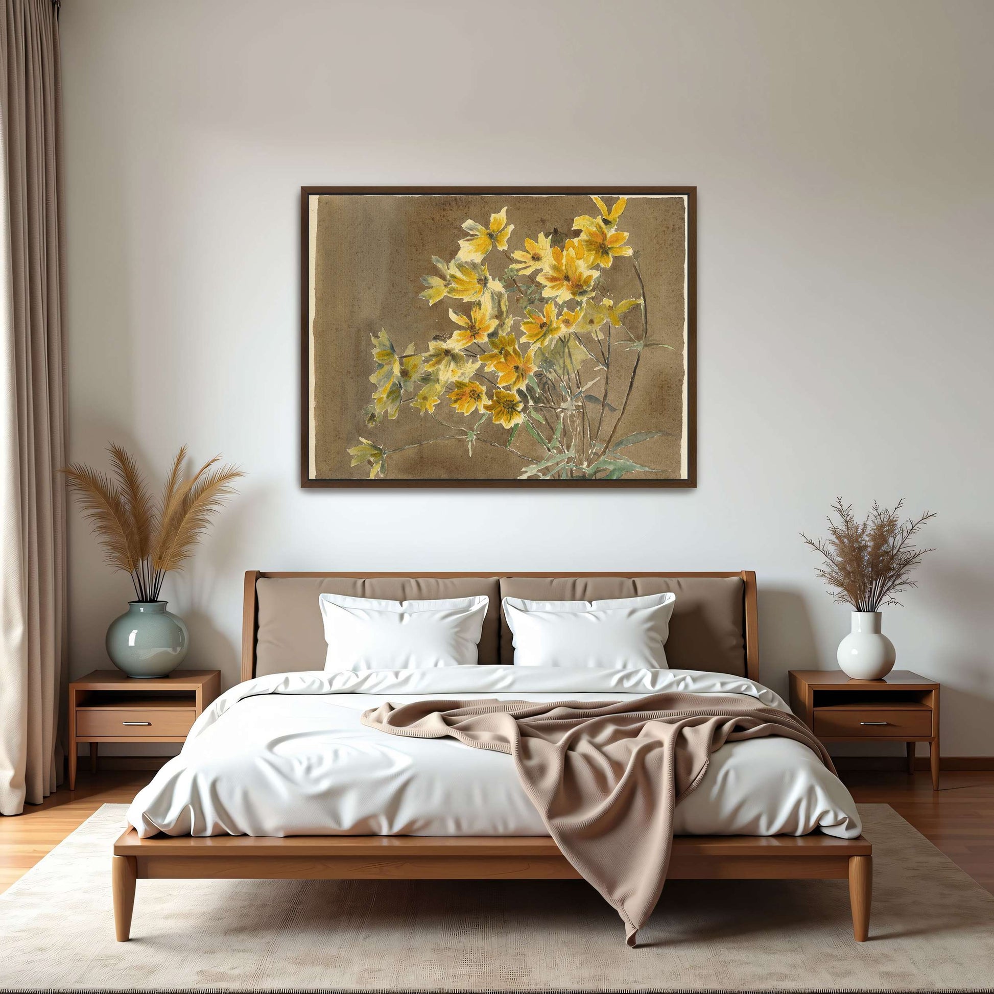 Yellow flowers on brown background by Hannah Borger Overbeck
