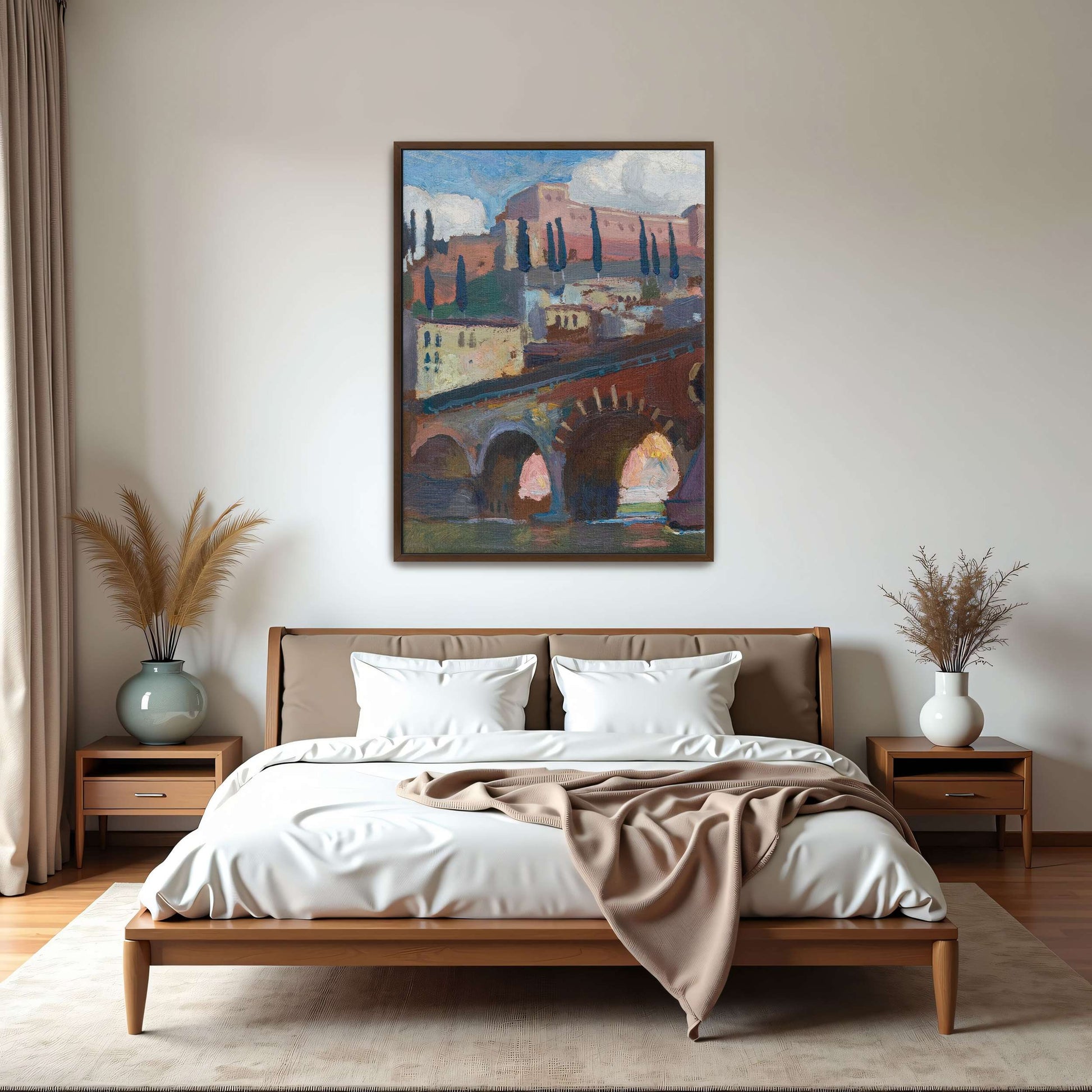 Cityscape with bridge and cypress trees by Jan Stanislawski