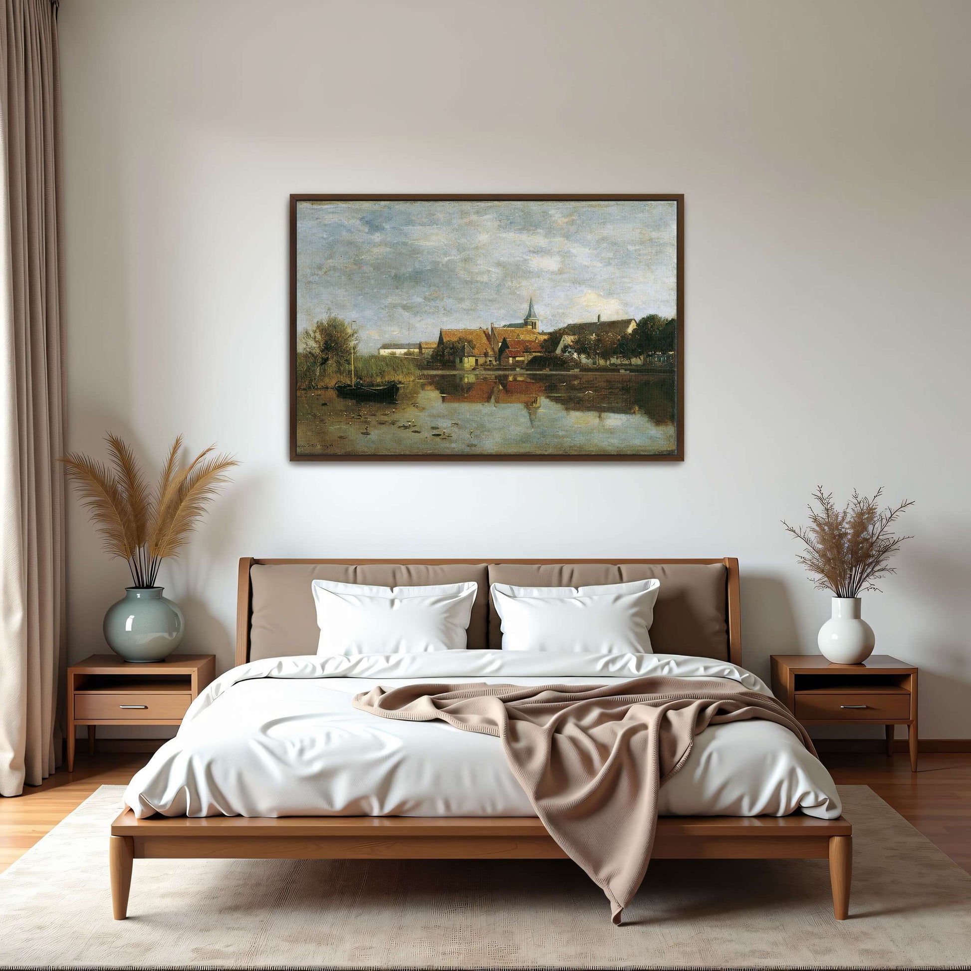 A village by a lake with a boat by Eugen Jettel