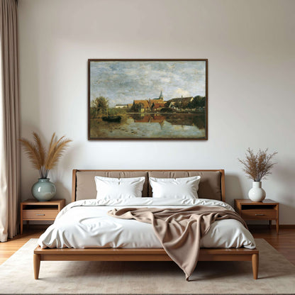 A village by a lake with a boat by Eugen Jettel