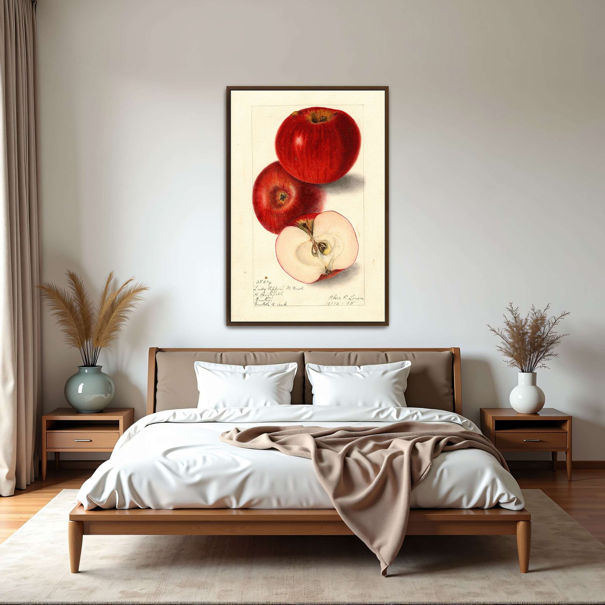 Three red apples, watercolor painting by Elsie E. Lower