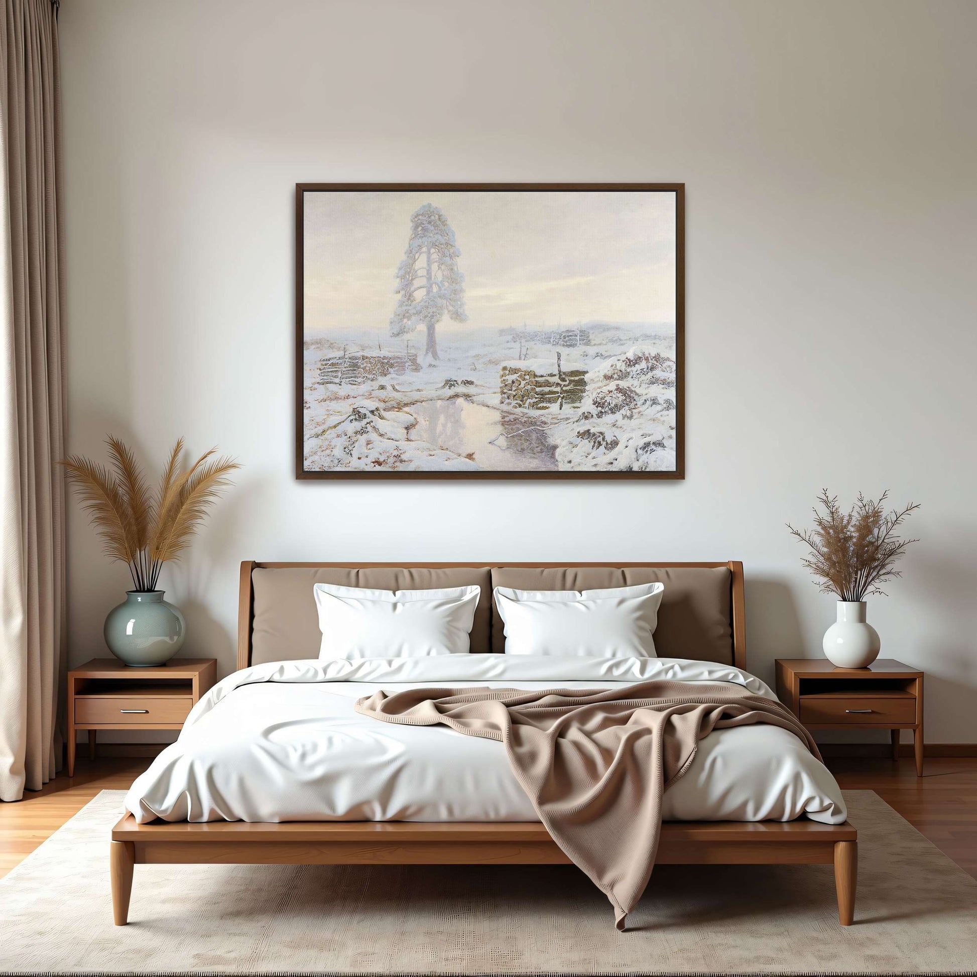 Snowy winter landscape with lone tree by Józef Rapacki
