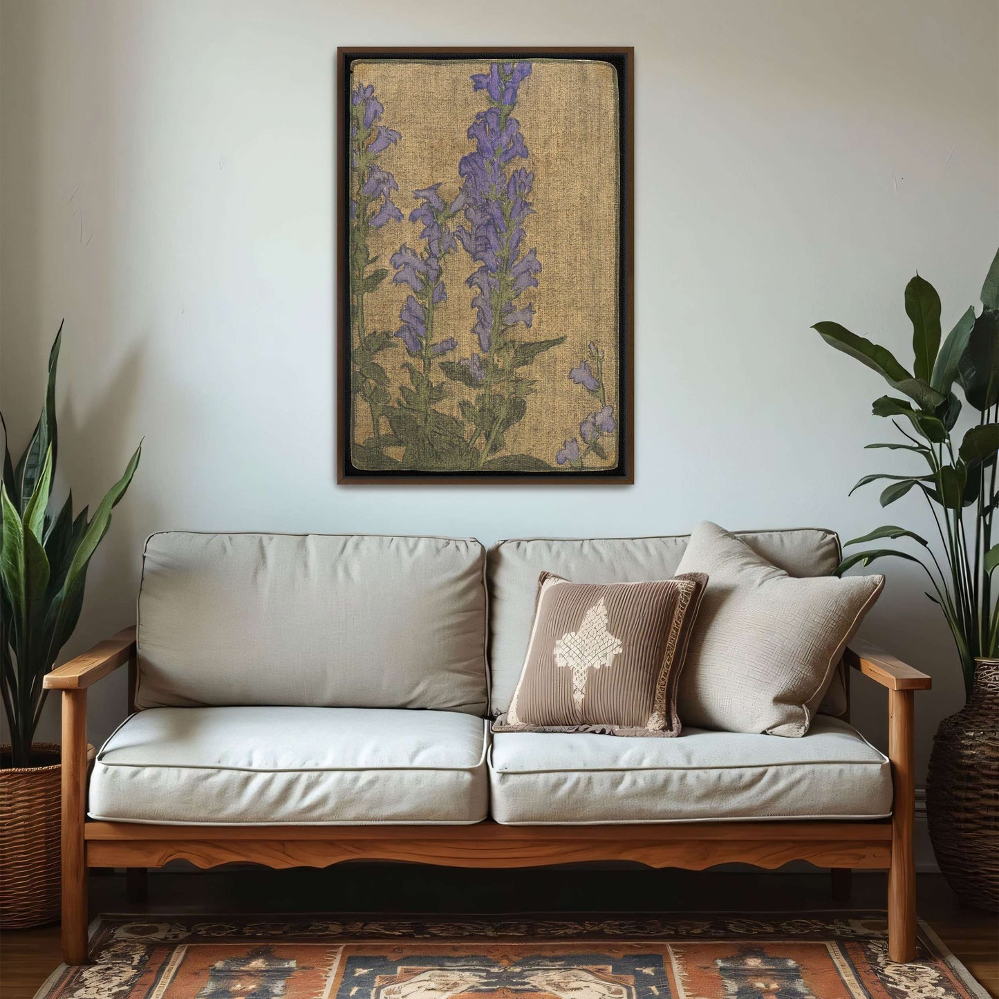 Purple flowers on beige background by Hannah Borger Overbeck