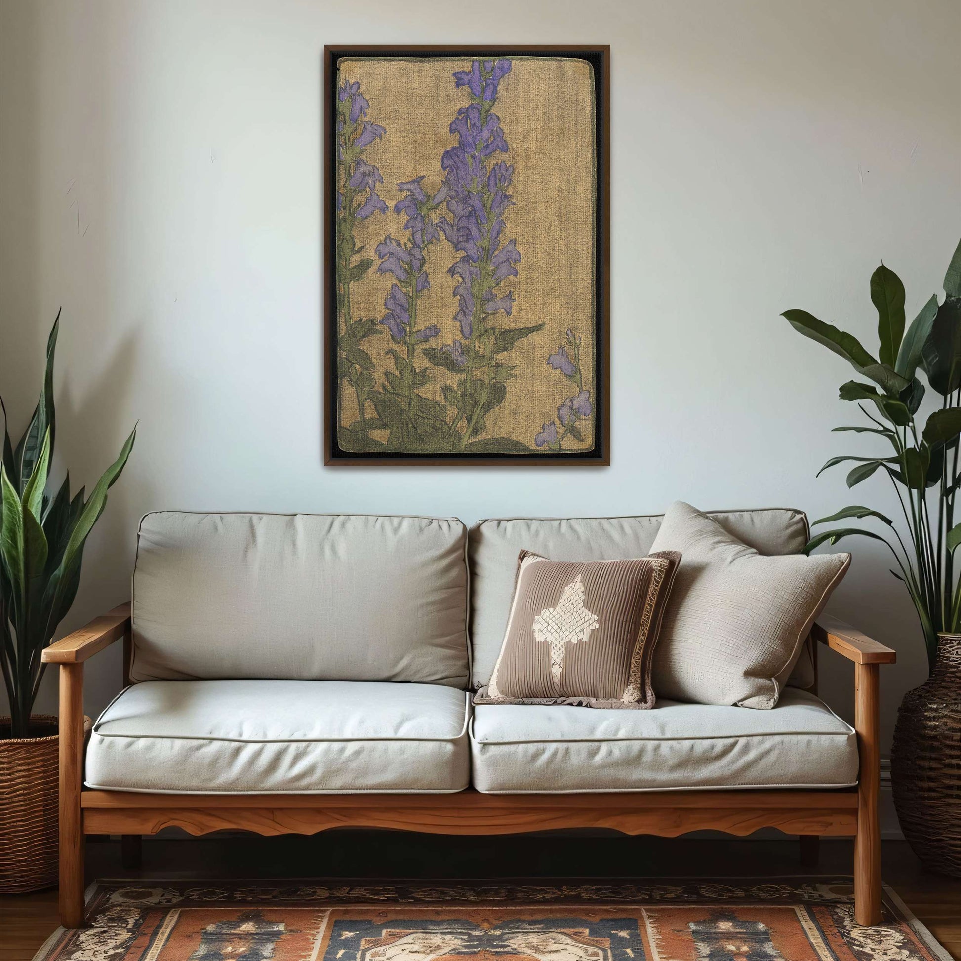 Purple flowers on beige background by Hannah Borger Overbeck