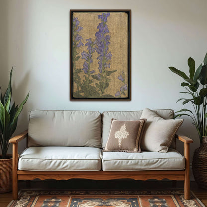 Purple flowers on beige background by Hannah Borger Overbeck