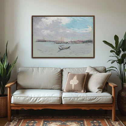 Gondola On Calm Water, Venice, With Boats And Buildings In Background By Joseph Pennell