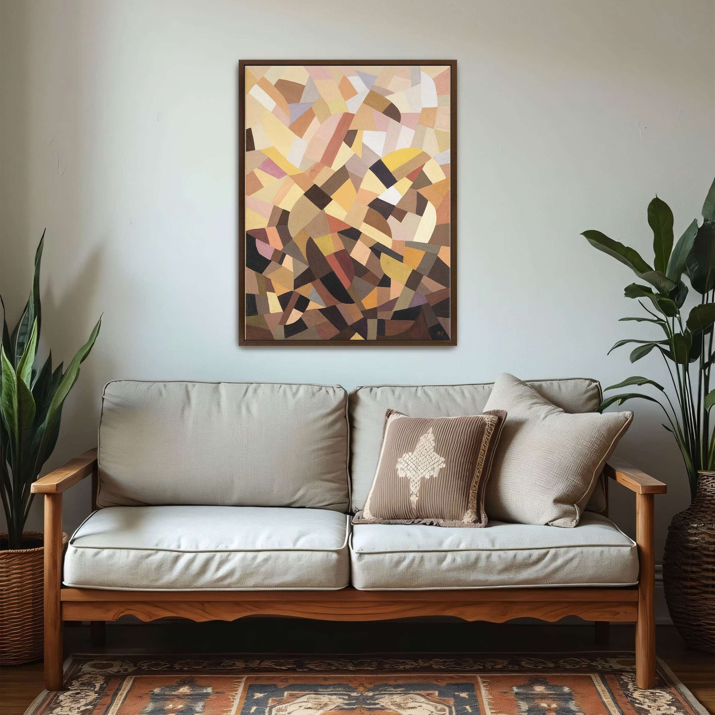 Abstract geometric painting with brown, yellow, and pink shapes by Otto Freundlich
