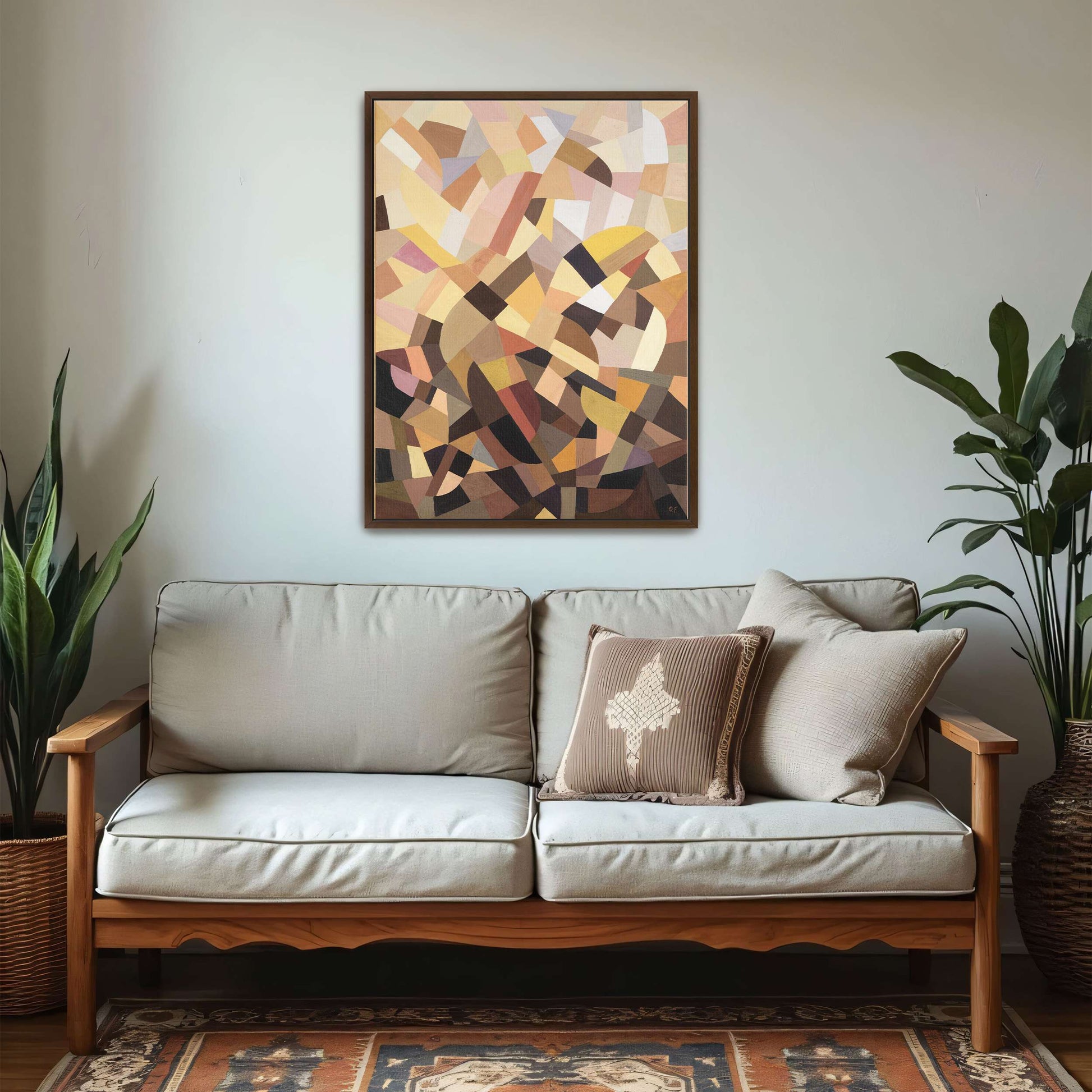 Abstract geometric painting with brown, yellow, and pink shapes by Otto Freundlich